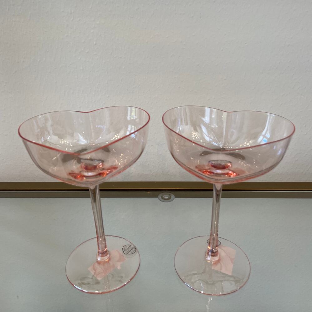 Pink Luster Heart Shaped Martini Glass Set of 2 Valentines Day Barware NEW